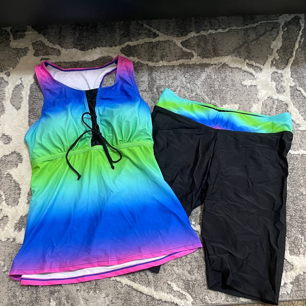 Neon two piece swimsuit with shorts